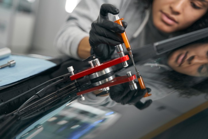 Technician using windshield repair kit to fix windshield in Edmonton & Leduc